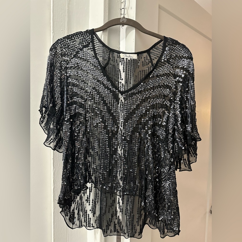 Parker Black Sequin Flutter Sleeve Blouse